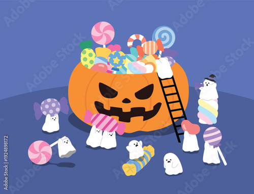 Cute little ghosts gathering colorful candies in a giant jack-o-lantern