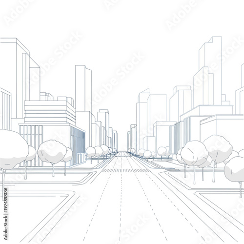 Architectural Sketch of a Modern City Street with Buildings and Trees