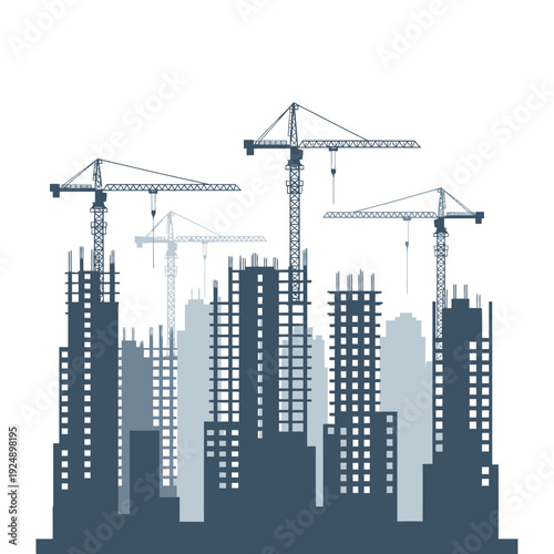 Cityscape construction site with cranes and unfinished high-rise buildings
