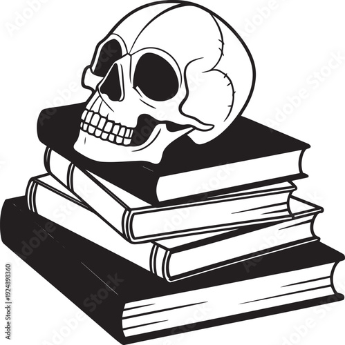 Human Skull on Stack of Books Illustration