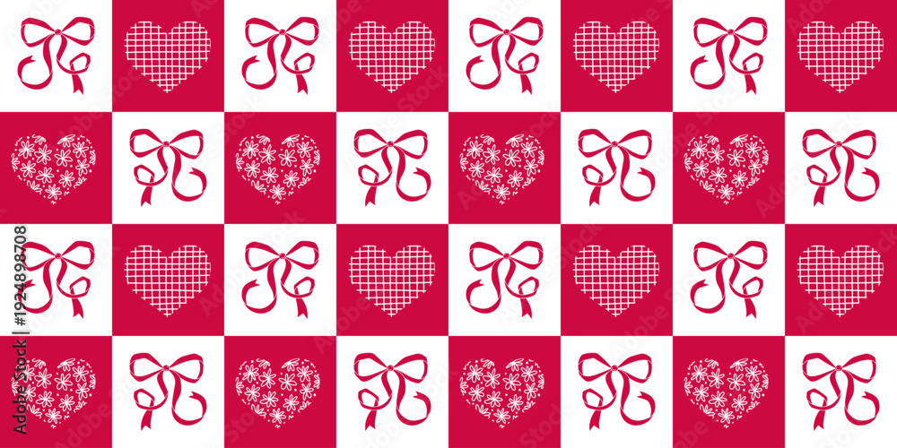 Naklejka premium Seamless pattern with coquette pink satin bows and hearts for Valentine's day. Romantic vector checkered background