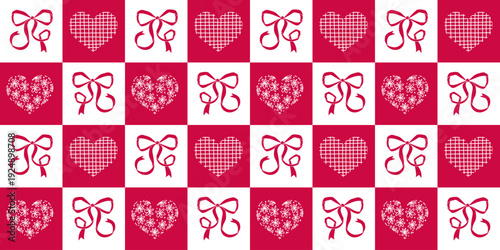 Seamless pattern with coquette pink satin bows and hearts for Valentine's day. Romantic vector checkered background