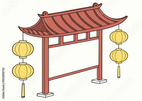 A stylized Asian-inspired gate (reminiscent of a paifang or torii) designed in a clean, vector-like cartoon style.