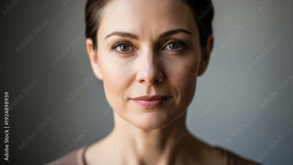 Fototapeta premium Candid portrait of caucasian woman with minimal makeup. Healthcare awareness and wellness concept for World Cancer Day.