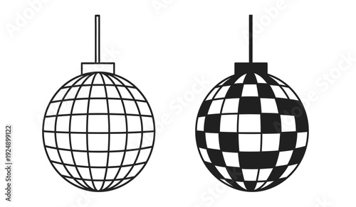Two disco balls hanging from black strings on a with one wireframe and one checkered pattern