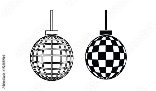 Two disco balls with different patterns hanging from a ceiling