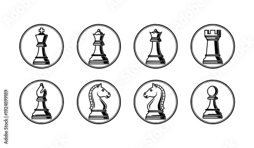 Circular Badge Style Vector Chess Pieces Set on White Background