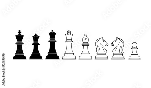 Minimalist Line Art Vector Chess Pieces Set on White Background