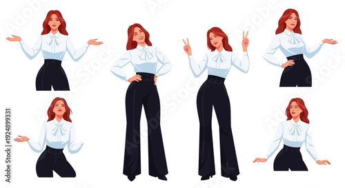 A collection of illustrations of a woman in a white blouse and black pants, striking various poses.