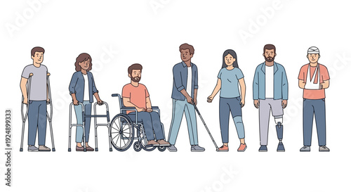 A diverse group of people with various disabilities and assistive devices standing together.