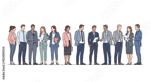 A diverse group of professionals in business attire standing in a line, showcasing a variety of genders and ethnicities.