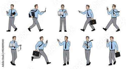 Collection of businessman illustrations showing various poses and actions with office accessories like laptops and briefcases.
