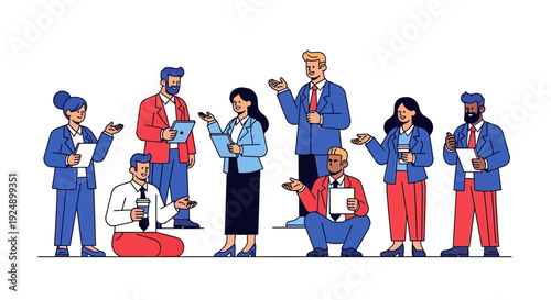 A diverse group of professionals in business attire engaged in a lively discussion or meeting.