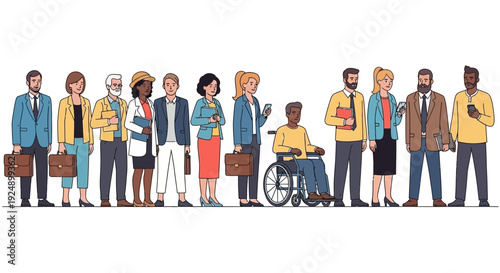 A diverse group of people of various ages, ethnicities, and abilities standing in a line, representing inclusivity and diversity in the workplace.