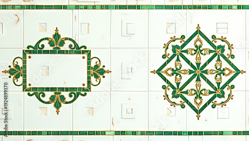 Close-up of intricately designed ceramic tiles showcasing geometric and floral patterns with green and gold accents