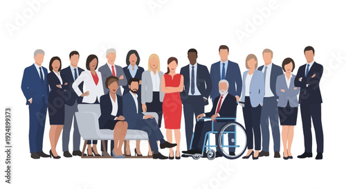 A diverse group of professionals, including a person in a wheelchair, posing together in a studio setting.
