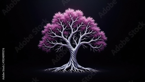 A stylized tree illustration featuring vibrant purple foliage and white branches against a dark background.