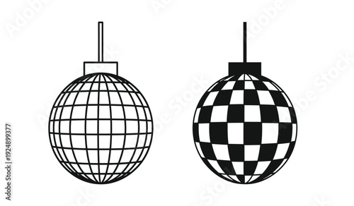 Black and white disco balls hanging from ceiling, one wire mesh and one checkered pattern
