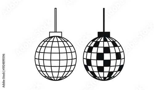 Two disco balls hanging from the ceiling in black and white