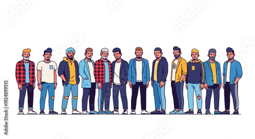 A diverse group of men standing in a line, showcasing various casual outfits and styles.