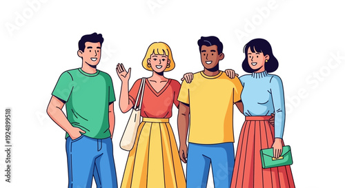 A diverse group of four young adults, two men and two women, posing together with smiles and friendly gestures.