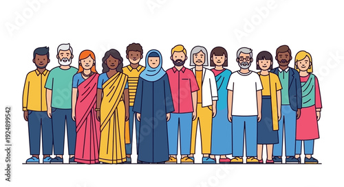 A diverse group of people of various ages, genders, and ethnicities standing together in a line.