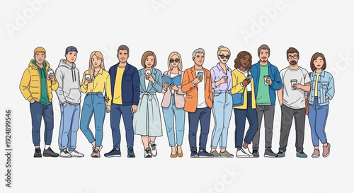 A diverse group of casually dressed men and women of various ages and ethnicities standing together in a line, holding smartphones and coffee cups.