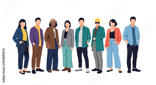 A diverse group of nine individuals standing together, showcasing a variety of casual and professional attire.