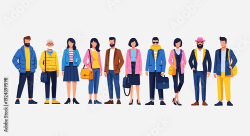 A diverse group of men and women of various ages and ethnicities standing in a line, dressed in casual and professional attire.