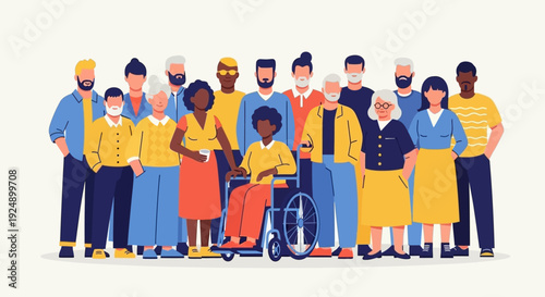 A diverse group of people of various ages, ethnicities, and abilities standing together.