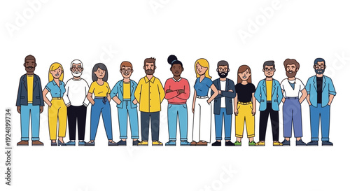 A diverse group of men and women of various ages and ethnicities standing together in a line.