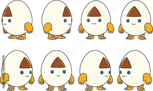 Playful cartoon egg-shaped characters with cute faces, blue eyes, yellow claws, and whimsical expressions in rows, fun children’s design
