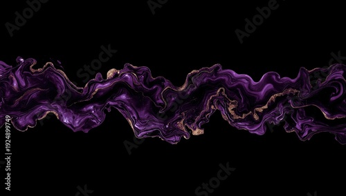 A flowing, abstract design featuring a dynamic mix of purple and gold hues against a stark black background
