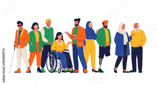 A diverse group of people with various abilities and backgrounds standing together, representing inclusivity and unity.