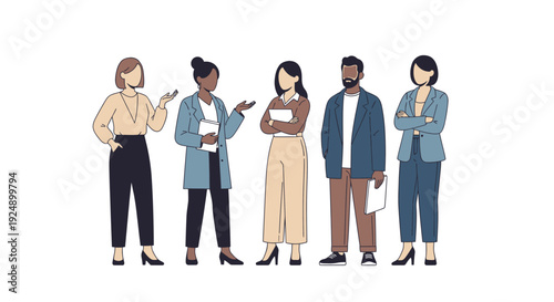 A diverse group of five professionals standing together, appearing to be in a business meeting or discussion.