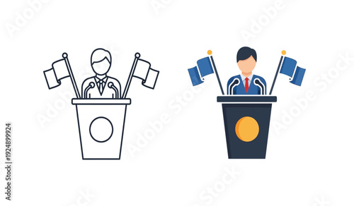 Two cartoon businessmen standing behind podiums with flags on either side giving a speech