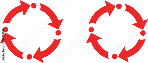 Red arrow cycle diagram illustration with dots, representing iterative workflow, continuous improvement loop, business process, and educational concept