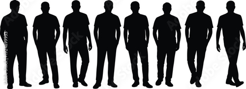 Black silhouette illustration of eight standing individuals in casual attire, varied postures, relaxed stances, human body language, group vector design
