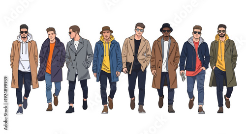 A diverse group of men showcasing stylish winter fashion with various coats, hoodies, and accessories.