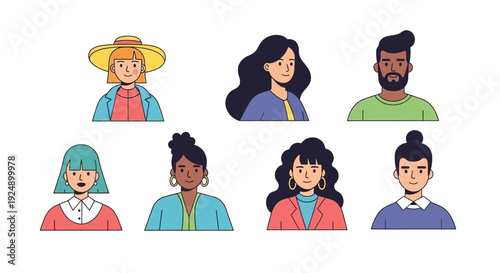 A diverse group of seven cartoon-style avatars representing different people with various hairstyles and clothing.