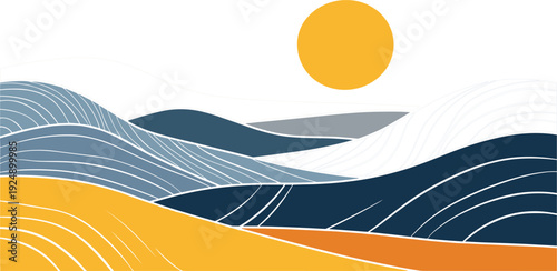 Abstract Landscape Background with Modern Sun and Wavy Mountain Layers in Minimal Geometric Style for Posters, Branding, Wallpapers, and Creative Design Projects