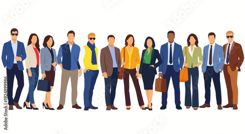 A diverse group of business professionals standing together in a line, showcasing a variety of attire and ethnicities.