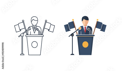 Two businessmen giving speeches from podiums with microphones and flags on either side in a colorful and line art illustration style