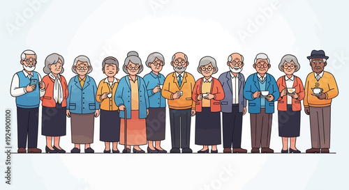 A diverse group of elderly people standing together in a line, some holding cups, representing community and companionship.