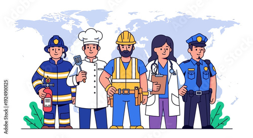 Diverse group of professionals including a firefighter, chef, construction worker, doctor, and police officer standing in front of a world map.