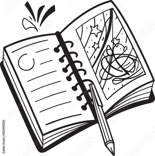 Open Spiral Notebook with Pen and Doodles