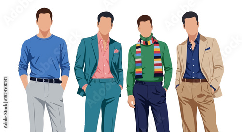 Four men are shown in the image, each wearing a different stylish outfit, showcasing various fashion styles and color combinations.