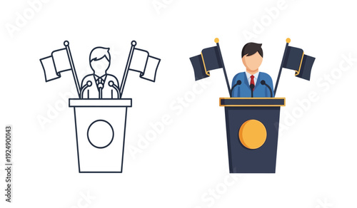 Two cartoon businessmen giving speeches from podiums with flags and microphones in a colorful illustration style