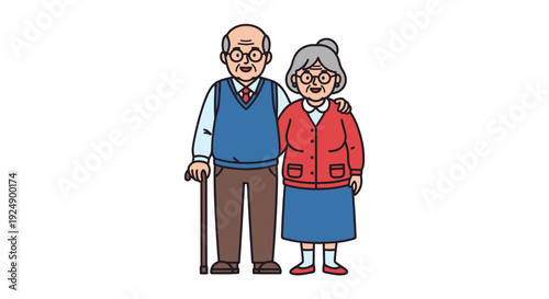 A happy elderly couple, a man and a woman, standing together with the man holding a cane.