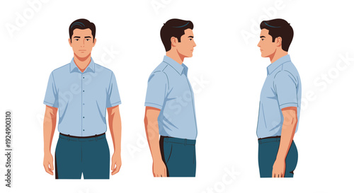 Three views of a man in a light blue collared shirt and dark blue pants, showing front, side, and back.